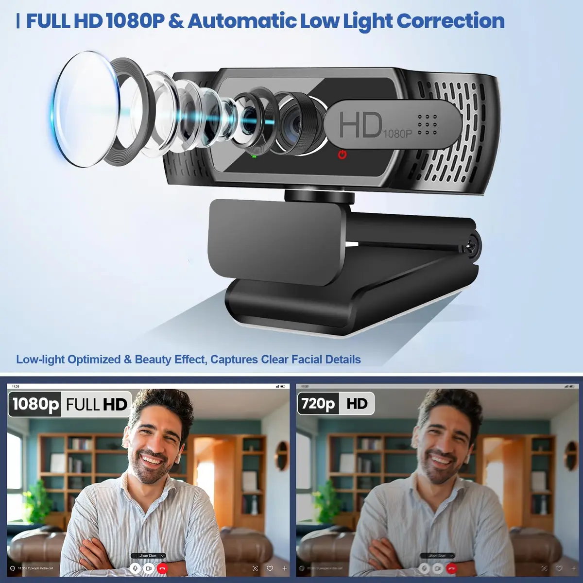 Samcorn 1080P HD USB Webcam with Microphone & Tripod | Autofocus 3D Noise Reduction - view 2