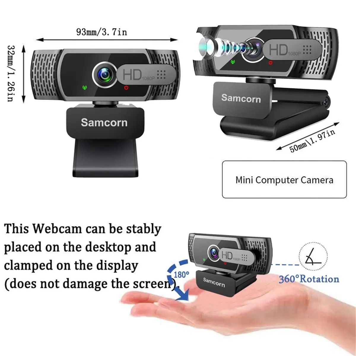 Samcorn 1080P HD USB Webcam with Microphone & Tripod | Autofocus 3D Noise Reduction - view 3