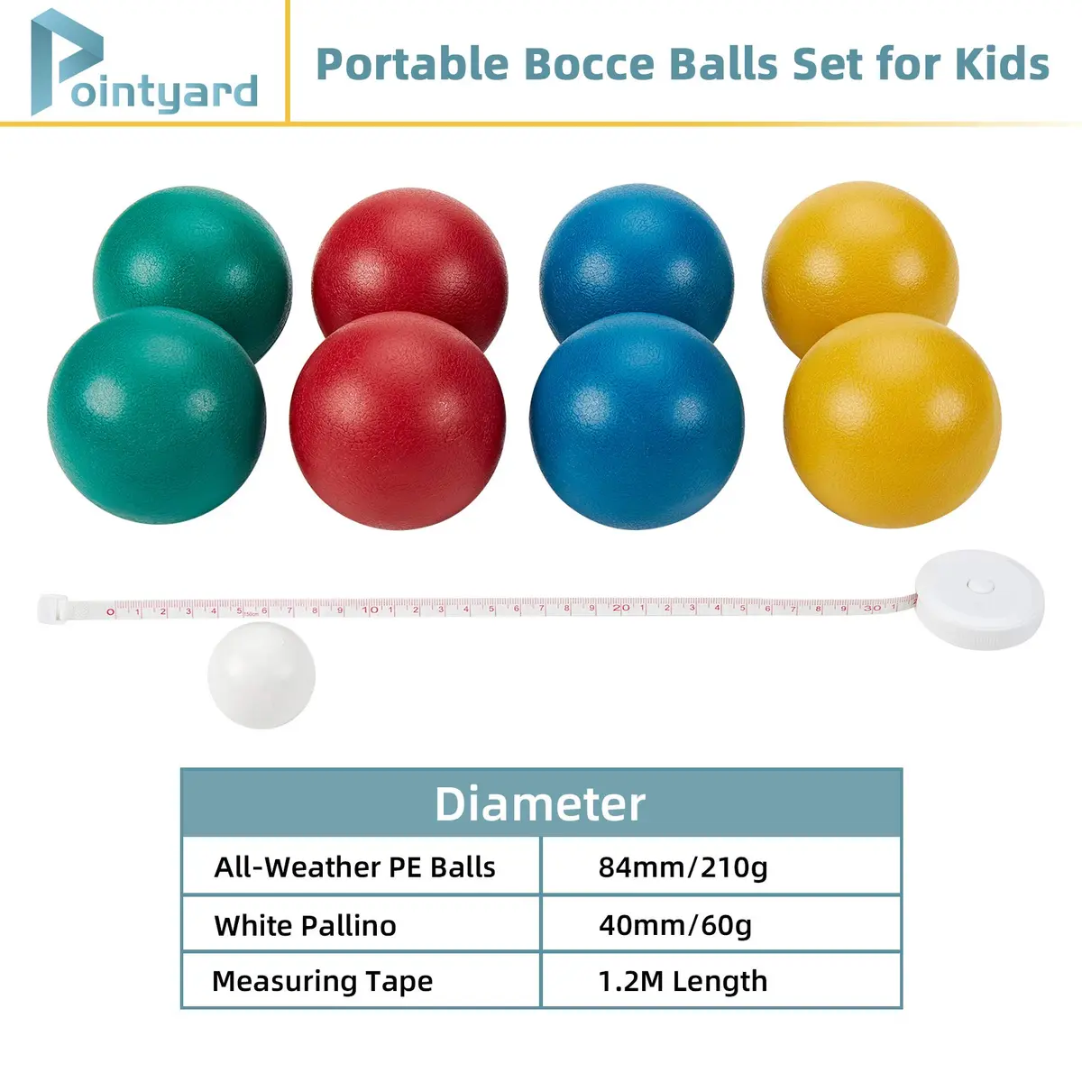Pointyard 84mm PE Bocce Ball Set with Pallino & Carry Bag | Lightweight Beginner Backyard Game (8 Balls, 40mm Pallino) - view 6