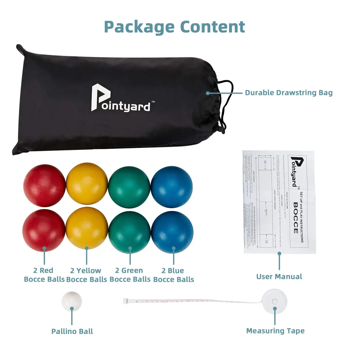 Pointyard 84mm PE Bocce Ball Set with Pallino & Carry Bag | Lightweight Beginner Backyard Game (8 Balls, 40mm Pallino) - view 8