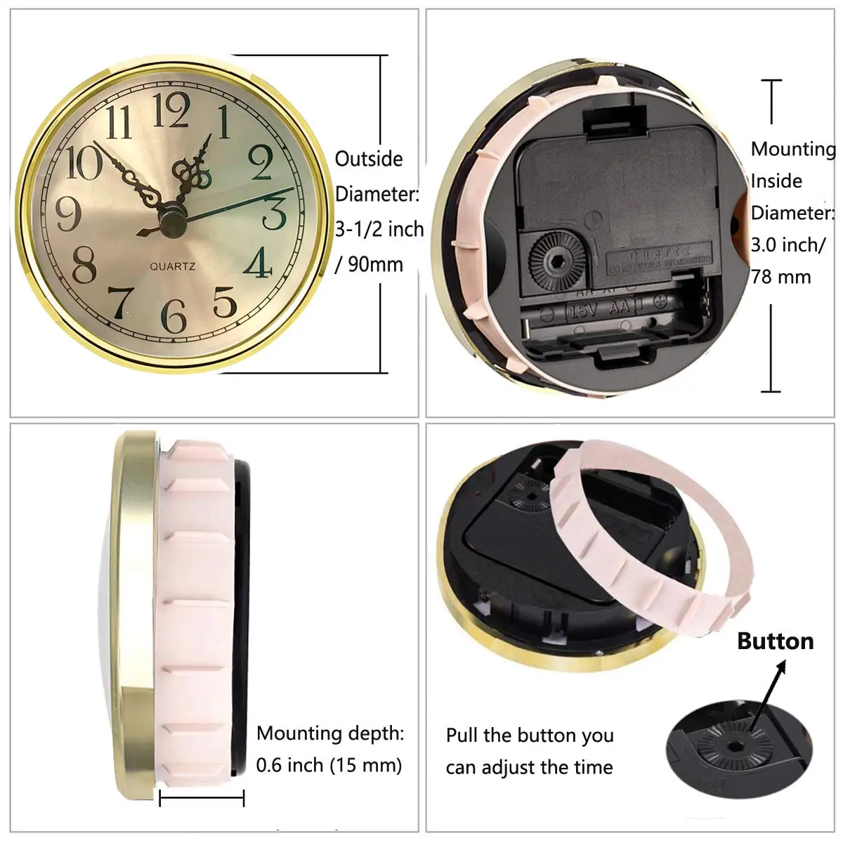 HILLHOME Mini Round Quartz Clock - 3.5 Inch (90 mm) Gold Dial, Gold Tone Bezel, Arabic Numerals, Fits 3.0 inch (78 mm) Hole | Indoor Clock Craft - view 2