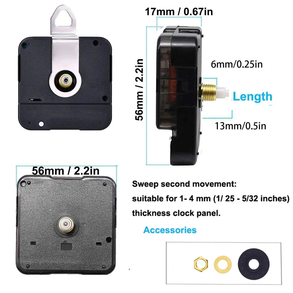 HILLHOME Clock Movement Kit with 5 Pairs of Short Hands | Silent Quartz Mechanism for DIY Repair (56x56x17mm, 1/2 Inch Shaft) - view 2