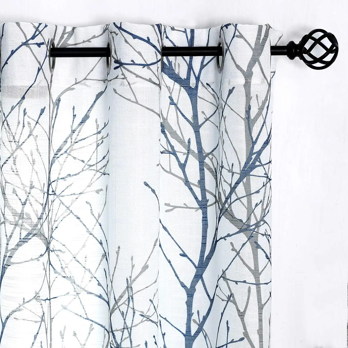 FMFUNCTEX Linen Blue White Semi Sheer Print Curtains 45 Inch Long | Modern Natural Decor - main product image