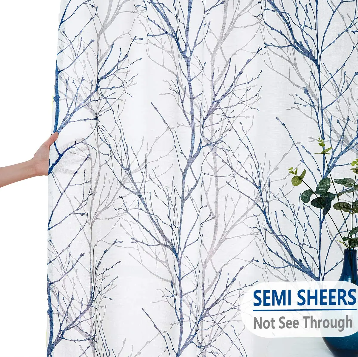 FMFUNCTEX Linen Blue White Semi Sheer Print Curtains 45 Inch Long | Modern Natural Decor - view 5