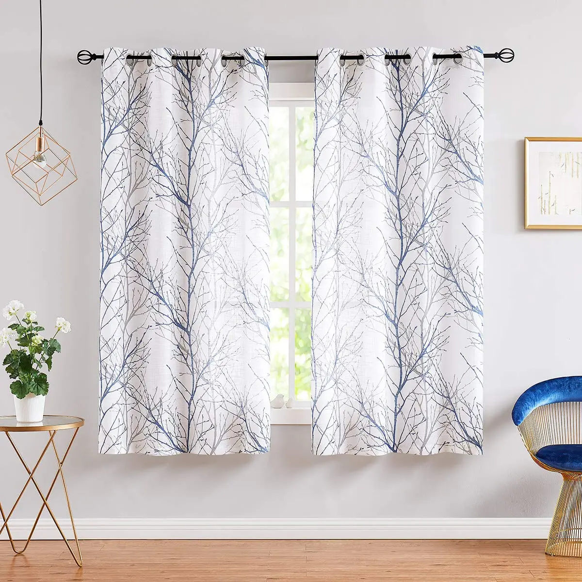 FMFUNCTEX Linen Blue White Semi Sheer Print Curtains 45 Inch Long | Modern Natural Decor - view 2