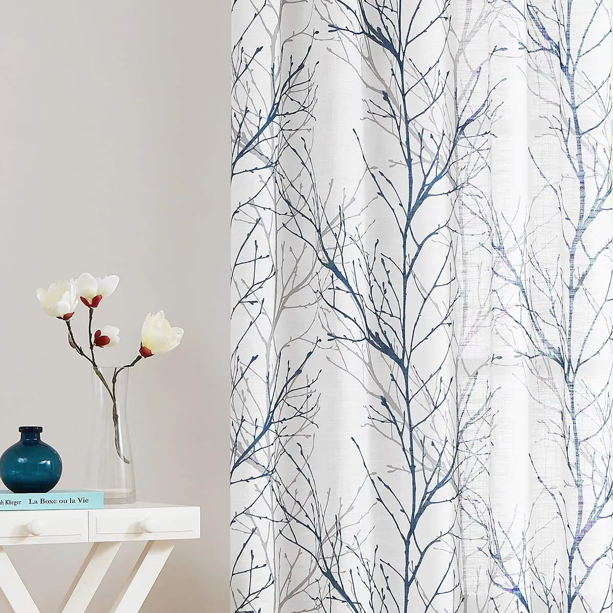 FMFUNCTEX Linen Blue White Semi Sheer Print Curtains 45 Inch Long | Modern Natural Decor - view 3