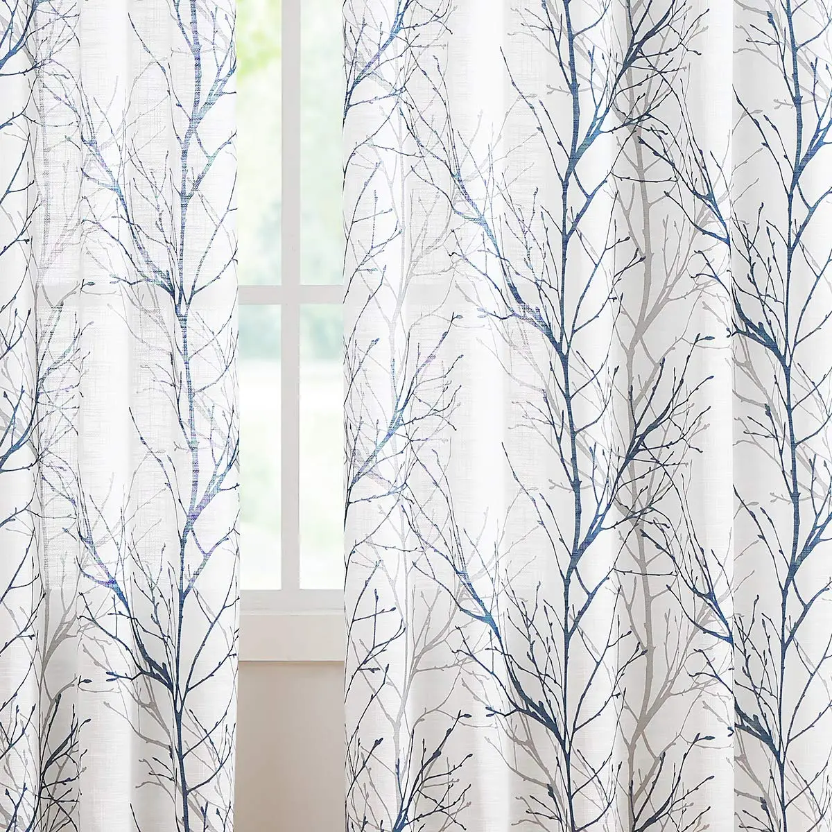 FMFUNCTEX Linen Blue White Semi Sheer Print Curtains 45 Inch Long | Modern Natural Decor - view 4