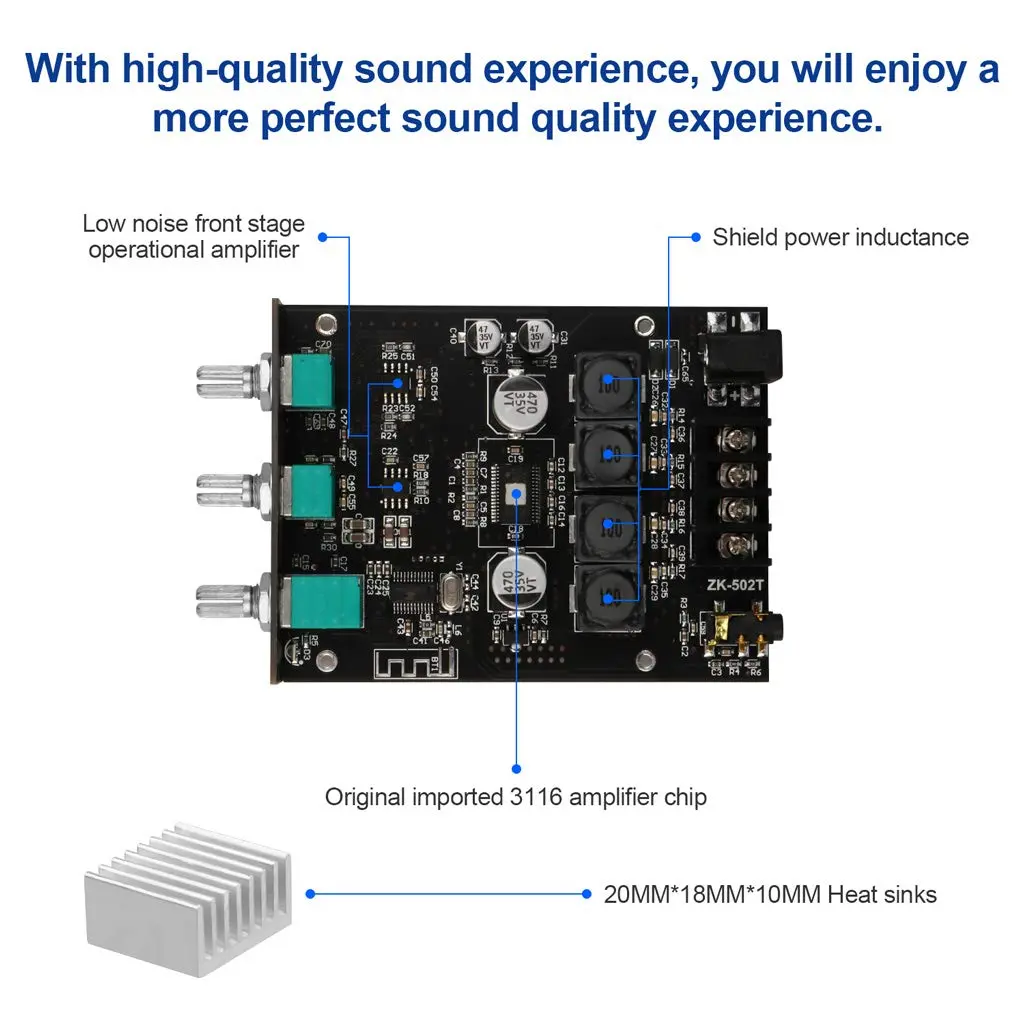 ARRAROWN ZK-502T Bluetooth 5.0 Mini Stereo Amplifier Module 100W (50W+50W) | 12-24V DC Power Input - view 5