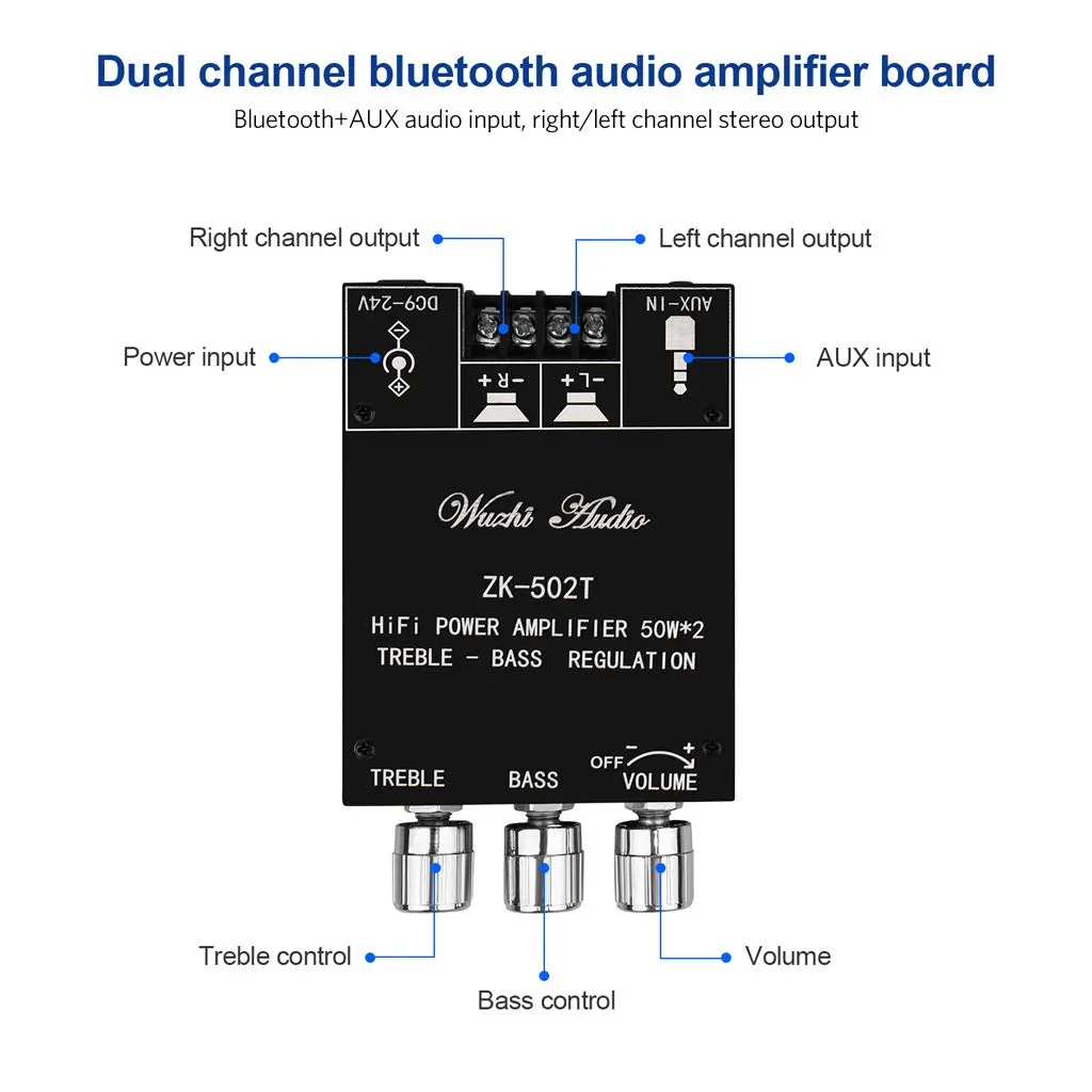 ARRAROWN ZK-502T Bluetooth 5.0 Mini Stereo Amplifier Module 100W (50W+50W) | 12-24V DC Power Input - view 2