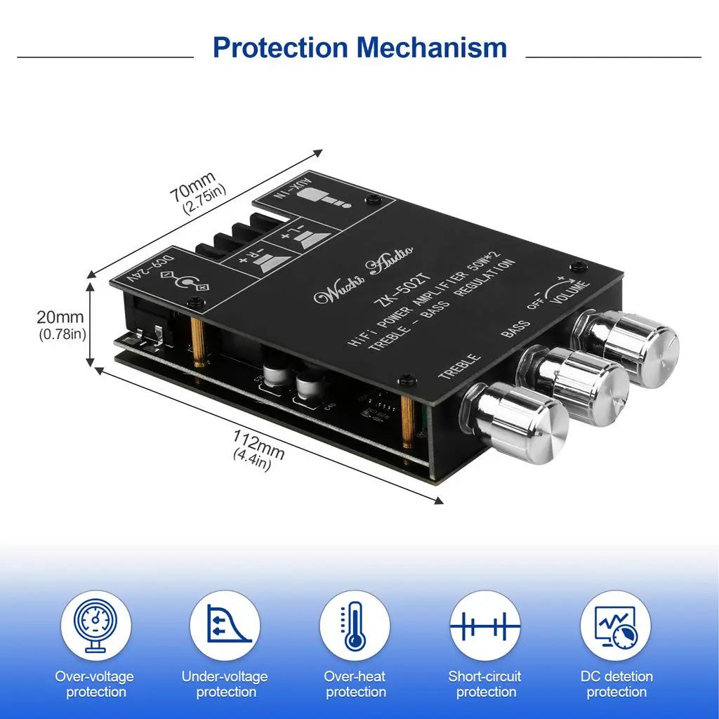 ARRAROWN ZK-502T Bluetooth 5.0 Mini Stereo Amplifier Module 100W (50W+50W) | 12-24V DC Power Input - view 3