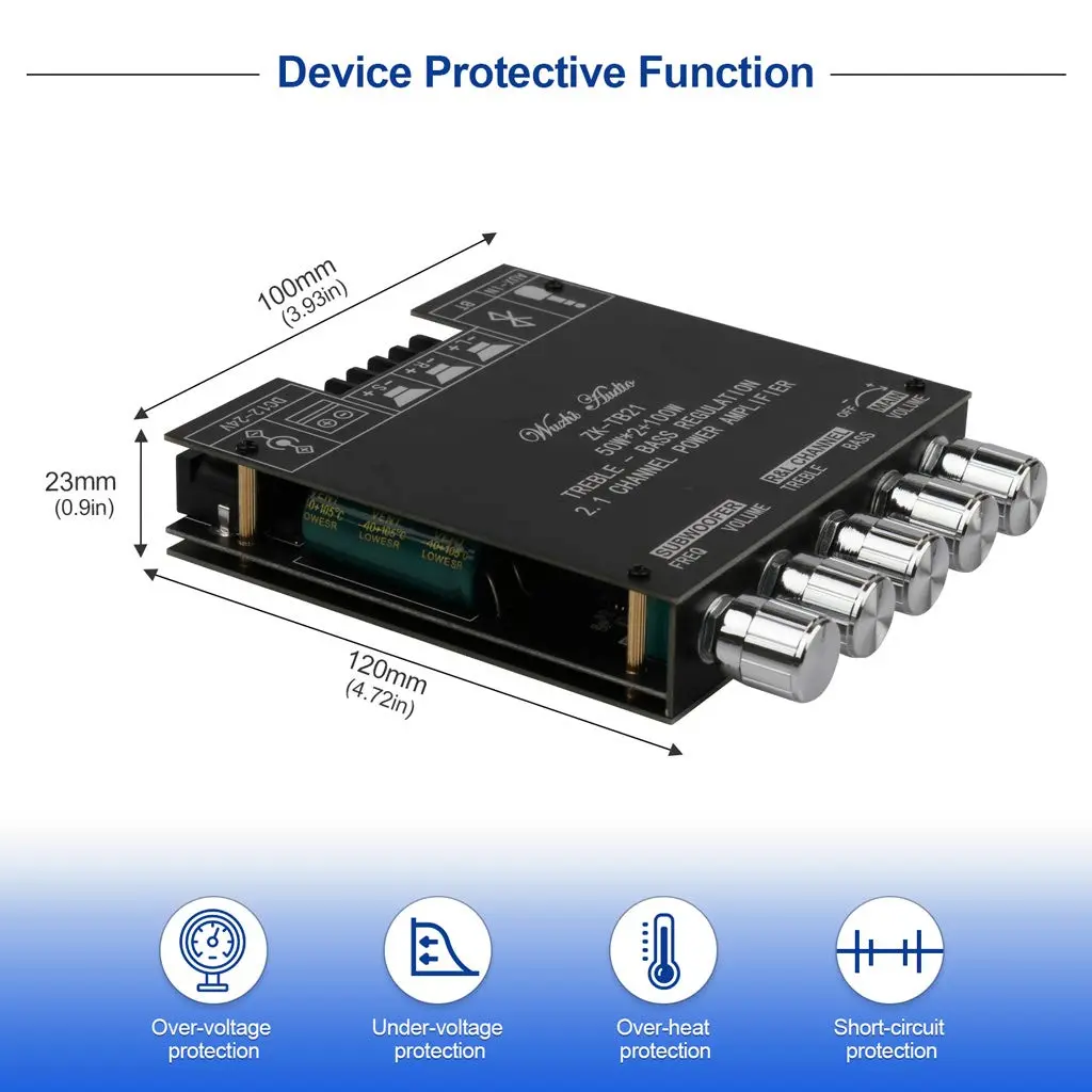 ARRAROWN ZK-TB21 Bluetooth 5.0 Audio Amplifier Board 50W x 2 + 100W Subwoofer | 2.1 Channel Stereo Output with Treble & Bass Control - view 6