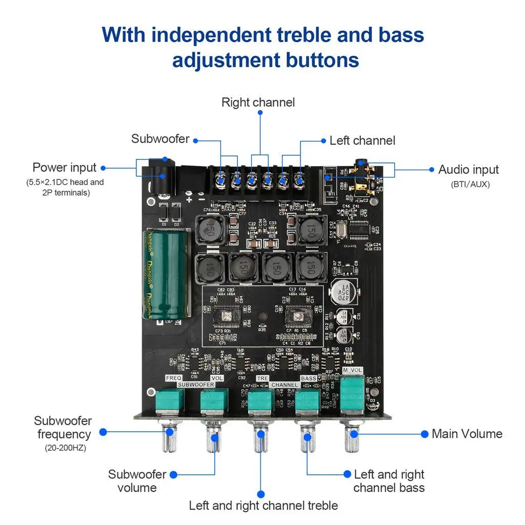 ARRAROWN ZK-TB21 Bluetooth 5.0 Audio Amplifier Board 50W x 2 + 100W Subwoofer | 2.1 Channel Stereo Output with Treble & Bass Control - view 2