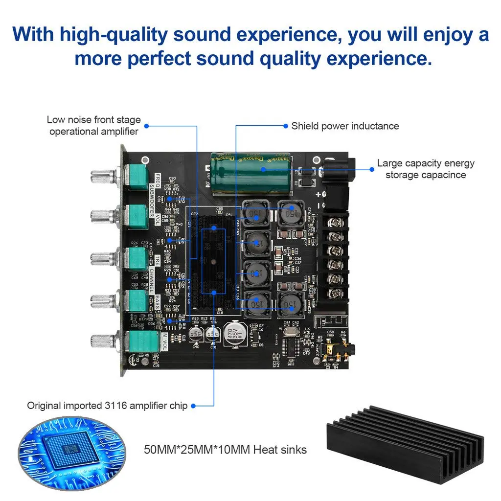 ARRAROWN ZK-TB21 Bluetooth 5.0 Audio Amplifier Board 50W x 2 + 100W Subwoofer | 2.1 Channel Stereo Output with Treble & Bass Control - view 3