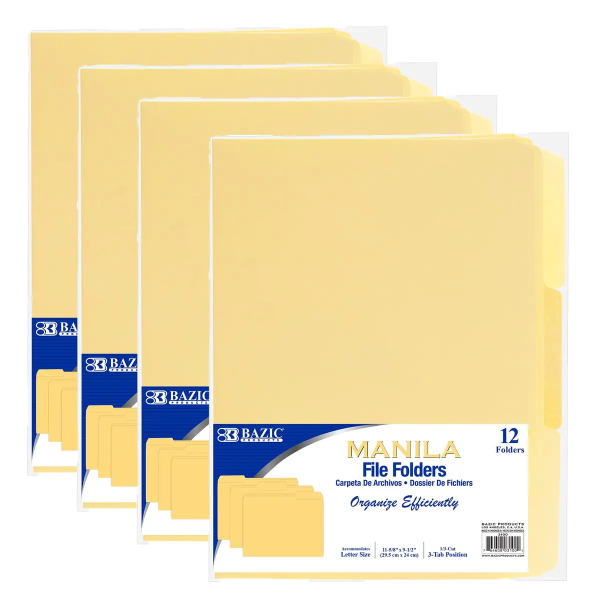 BAZIC Products Letter Size Manila File Folders | Office Filing, 4-Pack, 12 Count - main product image