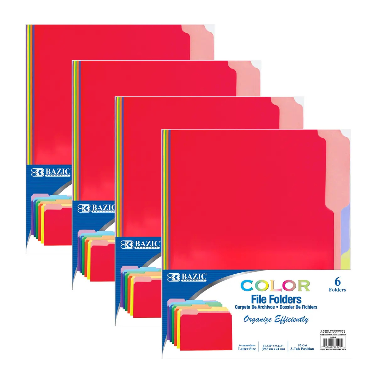 BAZIC PRODUCTS Color File Folders, Letter Size, 1/3-Cut Tabs, Assorted Colors (6-Count), 4-Pack | Organize Documents with Staggered Tabs - main product image