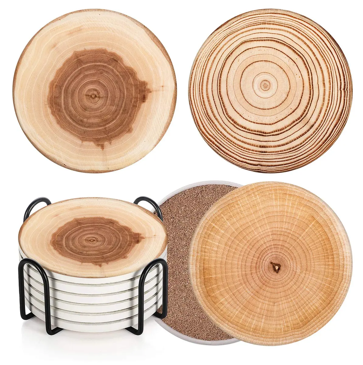Britimes Ceramic Stone Coasters for Drinks, Set of 6, Wood Grain Finish, 4-inch Round | Absorbent & Slip-Resistant Table Protection - main product image