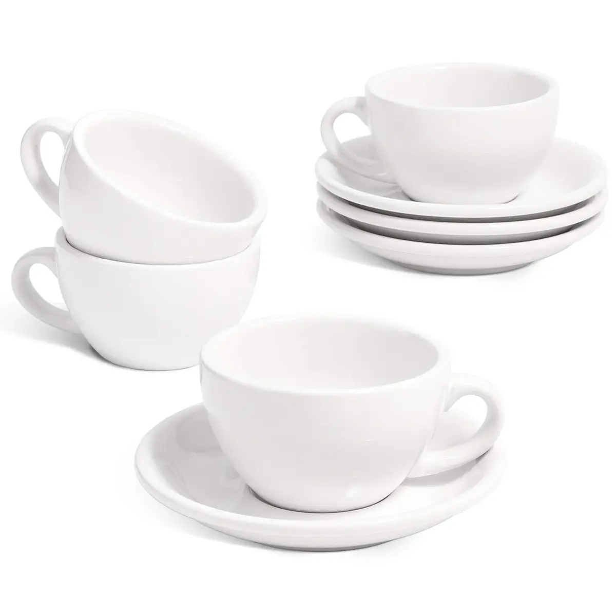 LE TAUCI 6 oz Cappuccino Cups with Saucers | Ceramic Coffee Set for Latte & Mocha, White - main product image