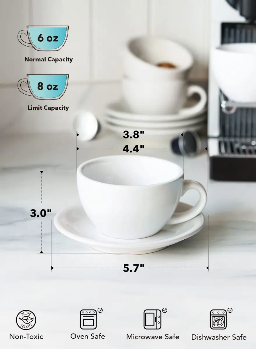 LE TAUCI 6 oz Cappuccino Cups with Saucers | Ceramic Coffee Set for Latte & Mocha, White - view 6
