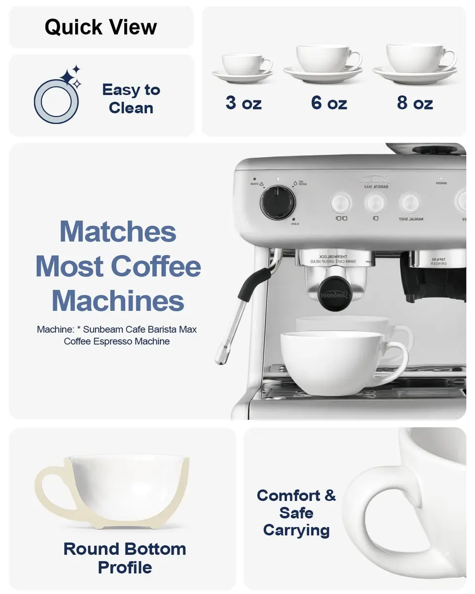 LE TAUCI 6 oz Cappuccino Cups with Saucers | Ceramic Coffee Set for Latte & Mocha, White - view 2