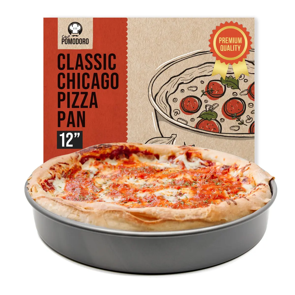 Chef Pomodoro Chicago Deep Dish Pizza Pan, 12 Inch Hard Anodized Aluminum | Authentic Chicago Style Deep Dish - main product image