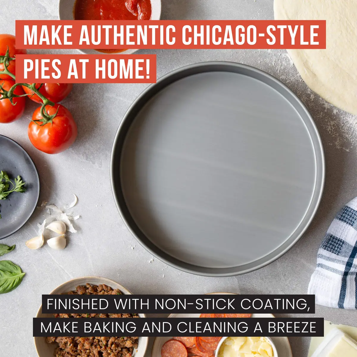 Chef Pomodoro Chicago Deep Dish Pizza Pan, 12 Inch Hard Anodized Aluminum | Authentic Chicago Style Deep Dish - view 3