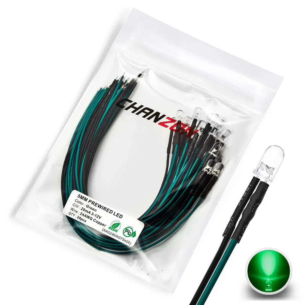 CHANZON 20 pcs Pre-Wired 5mm Green LED Diode Lights (DC 12V) | 15000-18000 mcd Ultrabright - main product image
