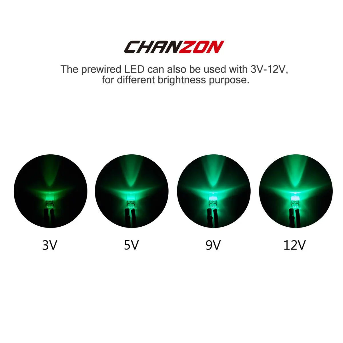 CHANZON 20 pcs Pre-Wired 5mm Green LED Diode Lights (DC 12V) | 15000-18000 mcd Ultrabright - view 4