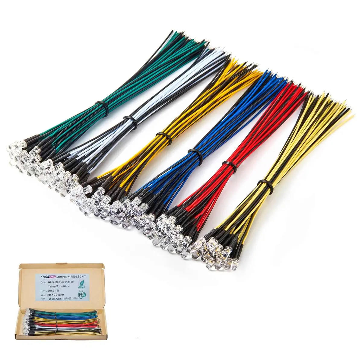 CHANZON 120pcs 12V 5mm LED Diode Lights 7.9 inch Pre Wired Assorted Kit | 6 Colors x 20pcs - view 6