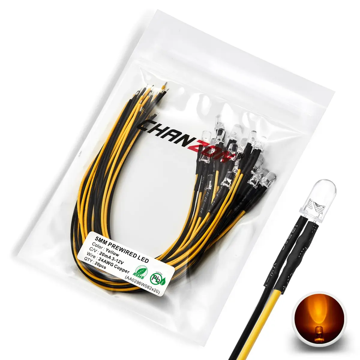 CHANZON Pre-Wired 5mm Yellow LED Diode Lights 20cm (0.79 inch) | 12V DC, 20mA, 0.24W, 1500-2000mcd - main product image