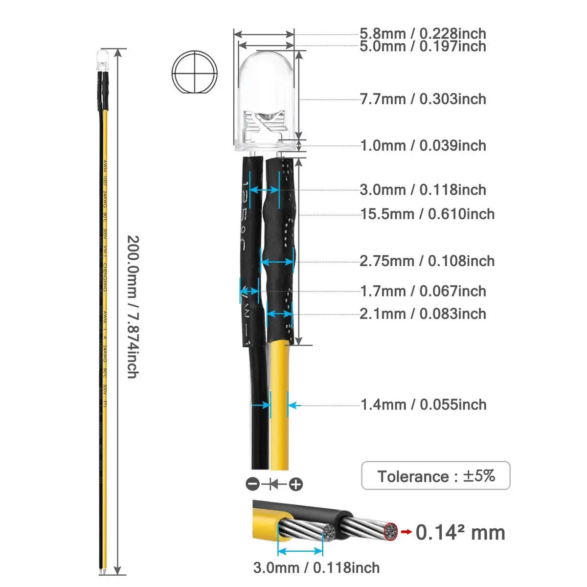 CHANZON Pre-Wired 5mm Yellow LED Diode Lights 20cm (0.79 inch) | 12V DC, 20mA, 0.24W, 1500-2000mcd - view 3