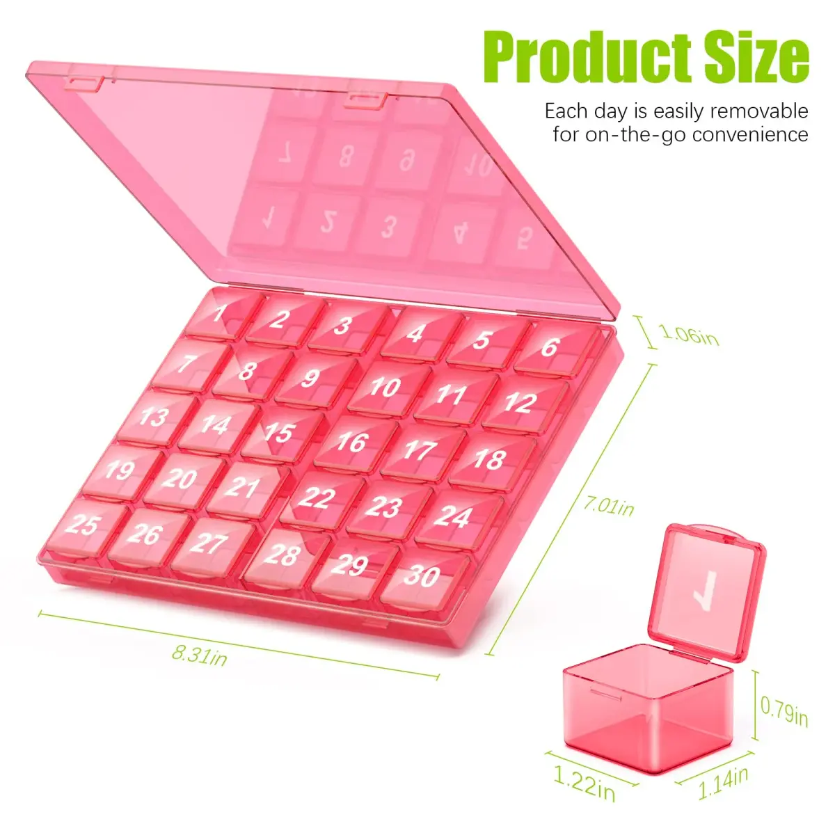 DOHIMGIO 30-Day Pill Organizer Box with 30 Removable Daily Cases | Easy Open, Large Compartments, Portable for Travel - view 7