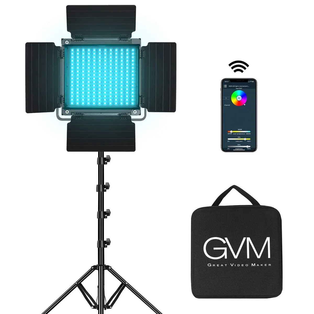 GVM RGB LED Video Light with Tripod Stand Barndoors | Dimmable RGB & Bi-color Studio Lighting Kit - main product image