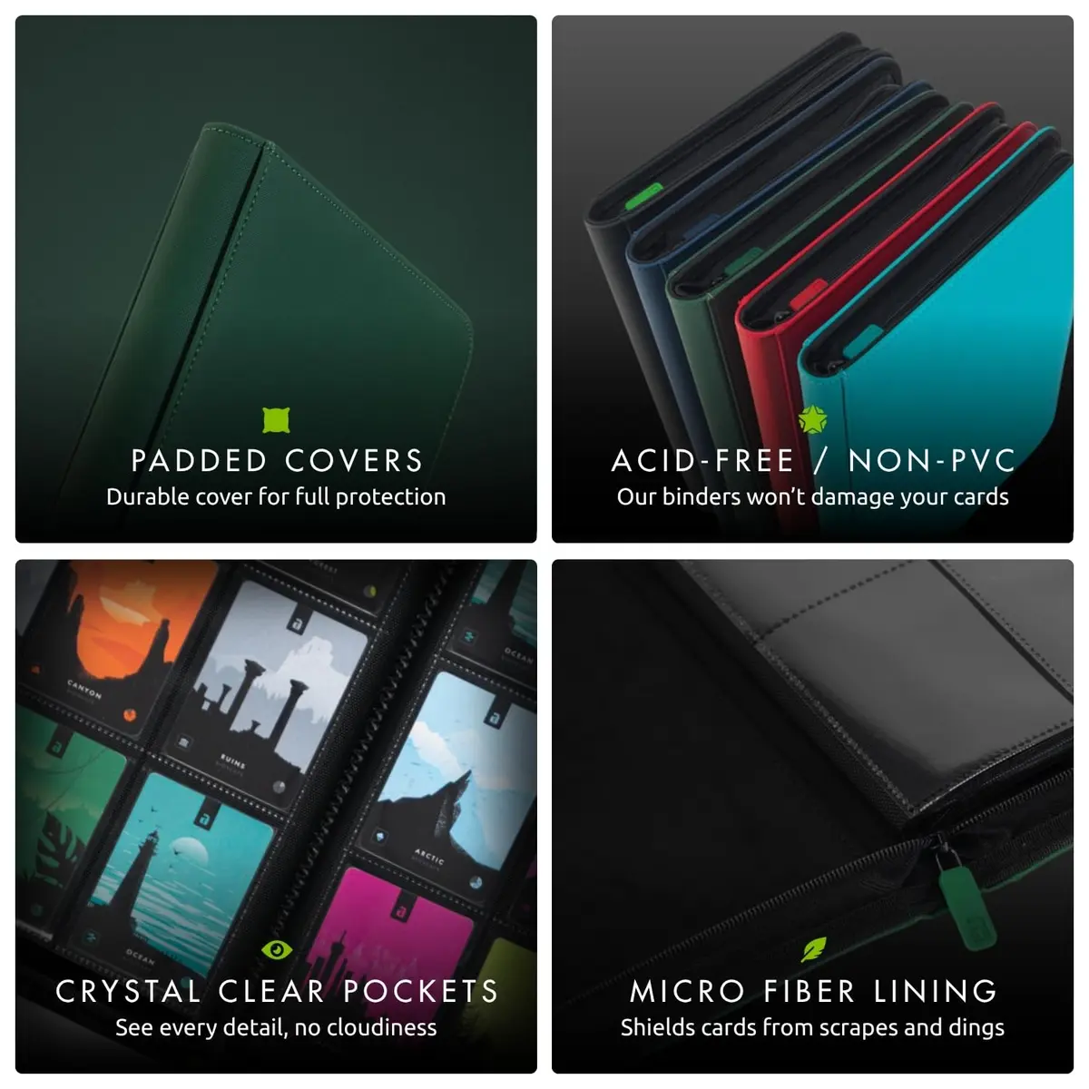Vault X 12 Pocket Zip Trading Card Binder 480 Cards Exo-Tec Green | Holds 480 Cards in 20 Pages - view 6