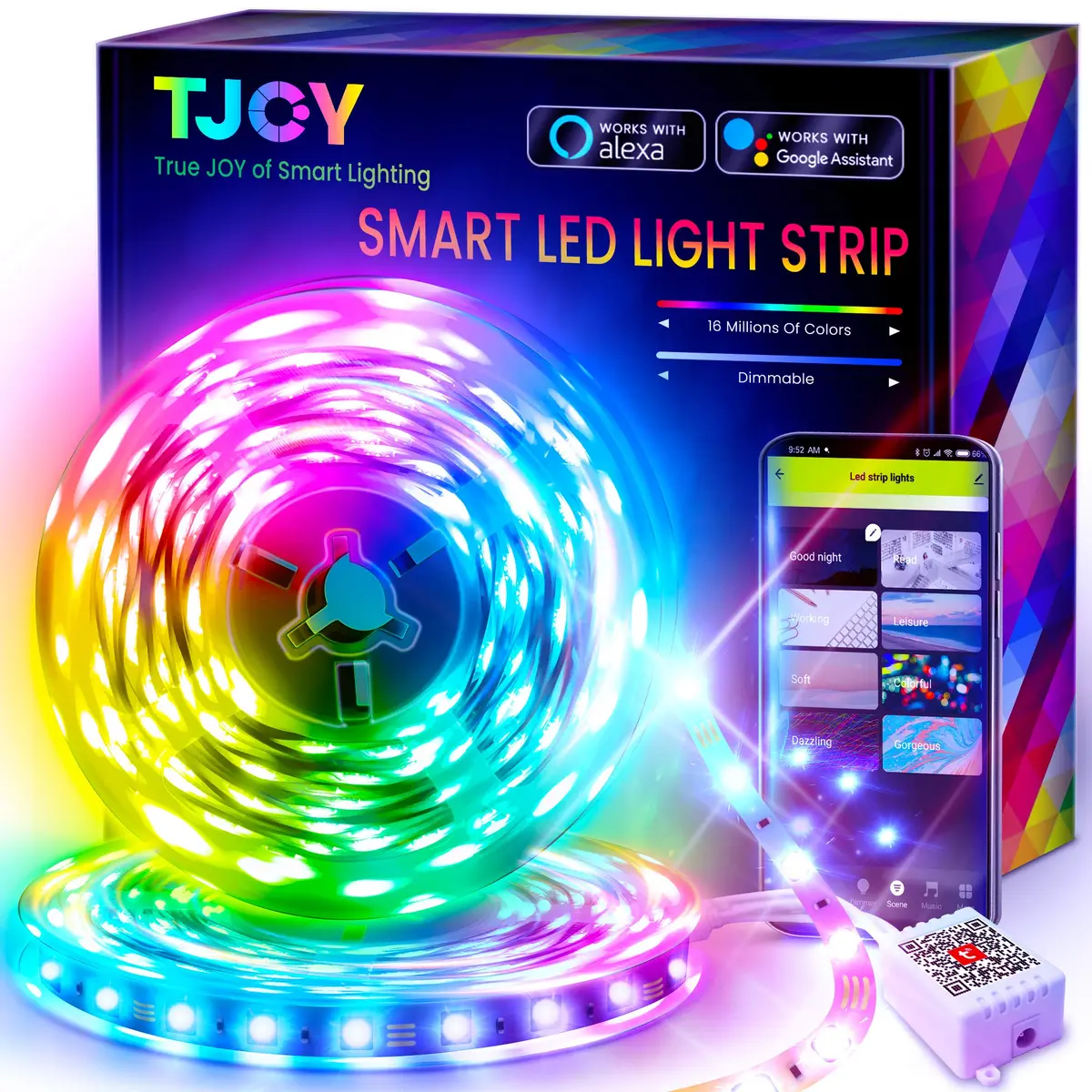 TJOY 50ft Smart Led Strip Lights for Bedroom | RGB Color Changing Music Sync with App & Voice Control - main product image