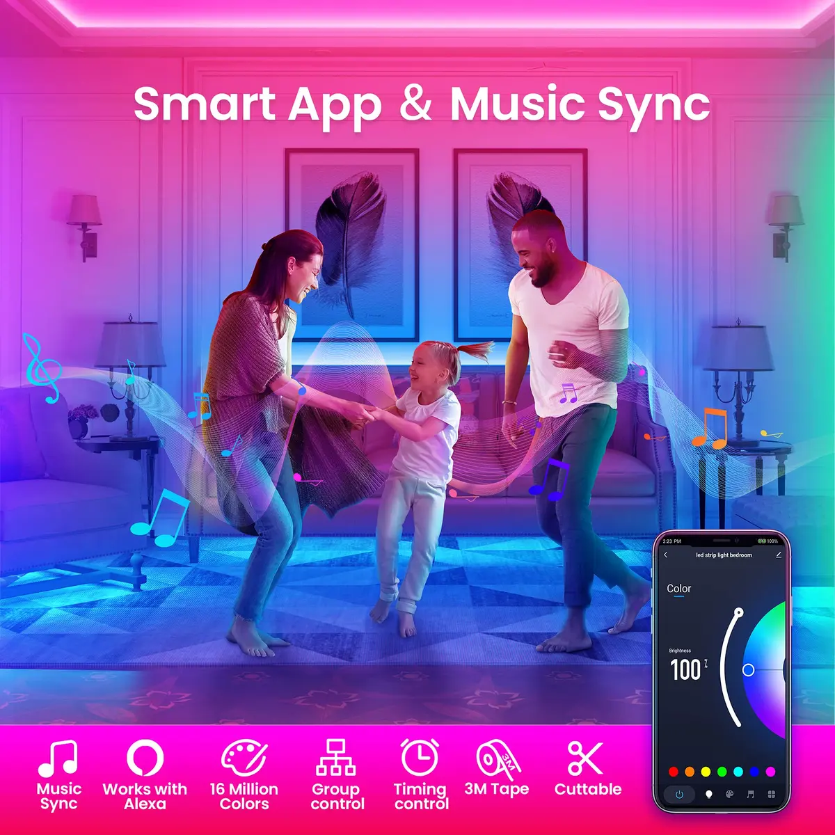 TJOY 50ft Smart Led Strip Lights for Bedroom | RGB Color Changing Music Sync with App & Voice Control - view 2