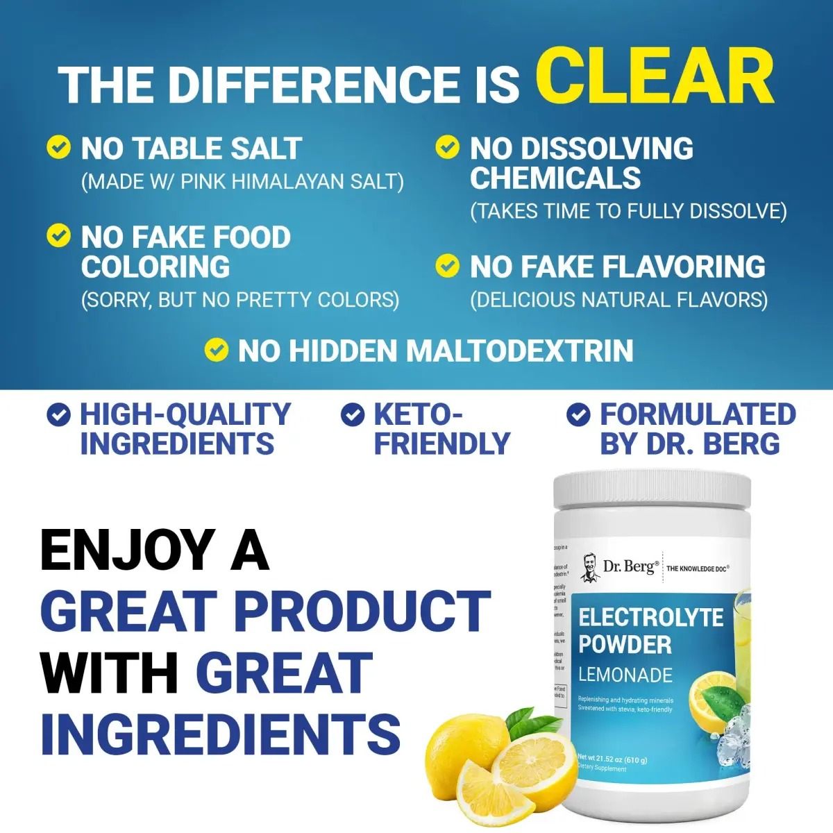 Dr. Berg Nutritionals Keto Electrolyte Powder Lemonade 1.38 lb (626 g) | Zero Sugar Hydration Drink Mix with 1000 mg Potassium - view 5
