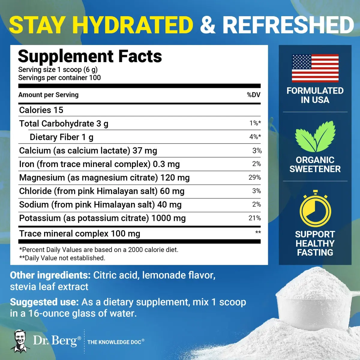 Dr. Berg Nutritionals Keto Electrolyte Powder Lemonade 1.38 lb (626 g) | Zero Sugar Hydration Drink Mix with 1000 mg Potassium - view 3