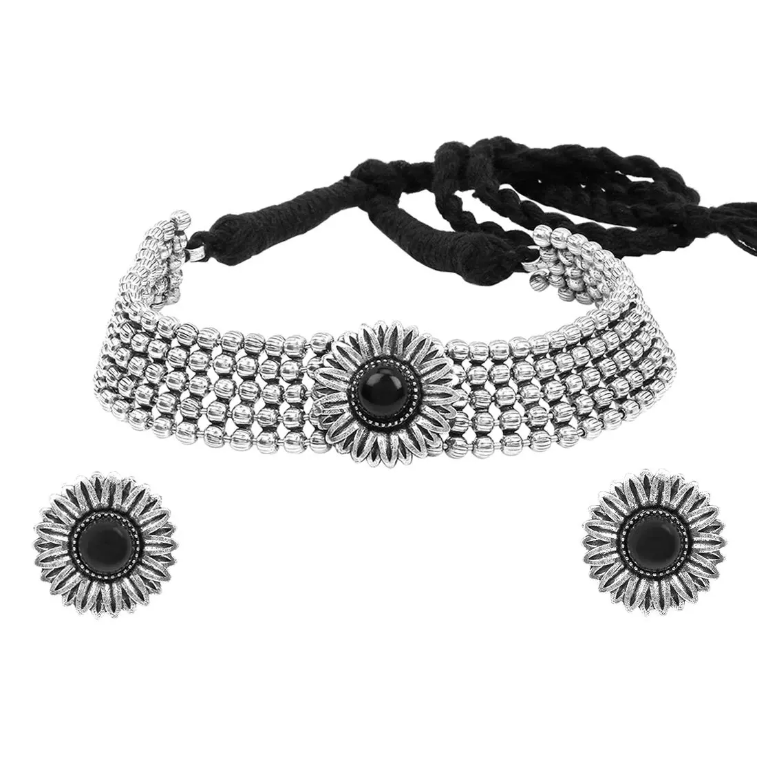 Yellow Chimes Antique Silver Oxidized Floral Charm Necklace Set with Earrings | 40cm Necklace Length - main product image
