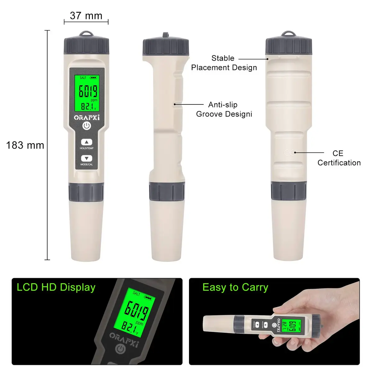 ORAPXI Digital Salinity Tester for Salt Water - Waterproof IP67 Salinity Meter with ATC 0-200ppt | 4-in-1 Meter for Aquariums & Ponds - view 5