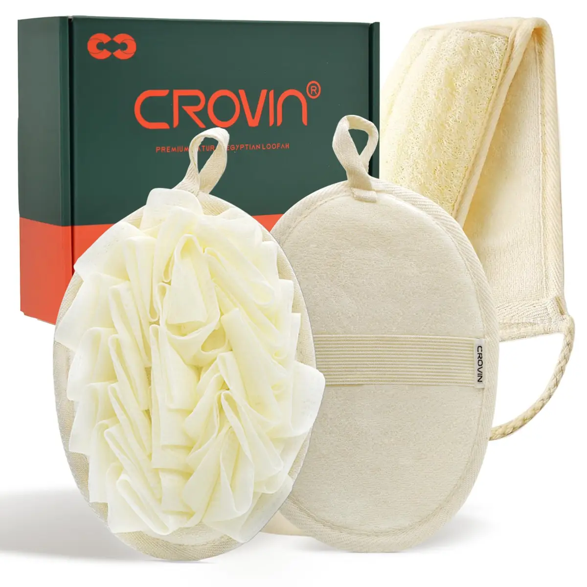 CROVIN Mesh Pouf Body Sponge Set - Redesign Bath Loofahs Shower Puffs 2 Pack & Exfoliating Natural Loofah Back Scrubber (70-120c) - main product image