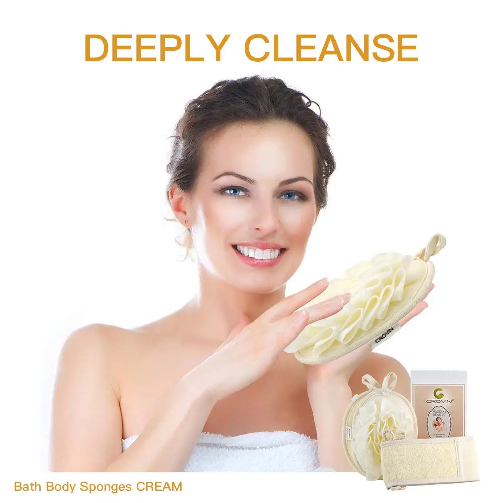 CROVIN Mesh Pouf Body Sponge Set - Redesign Bath Loofahs Shower Puffs 2 Pack & Exfoliating Natural Loofah Back Scrubber (70-120c) - view 5