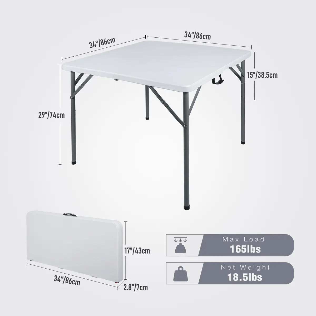 REDCAMP 34" Square Folding Card Table with Resin Top | Portable Indoor Outdoor Use, White - view 2
