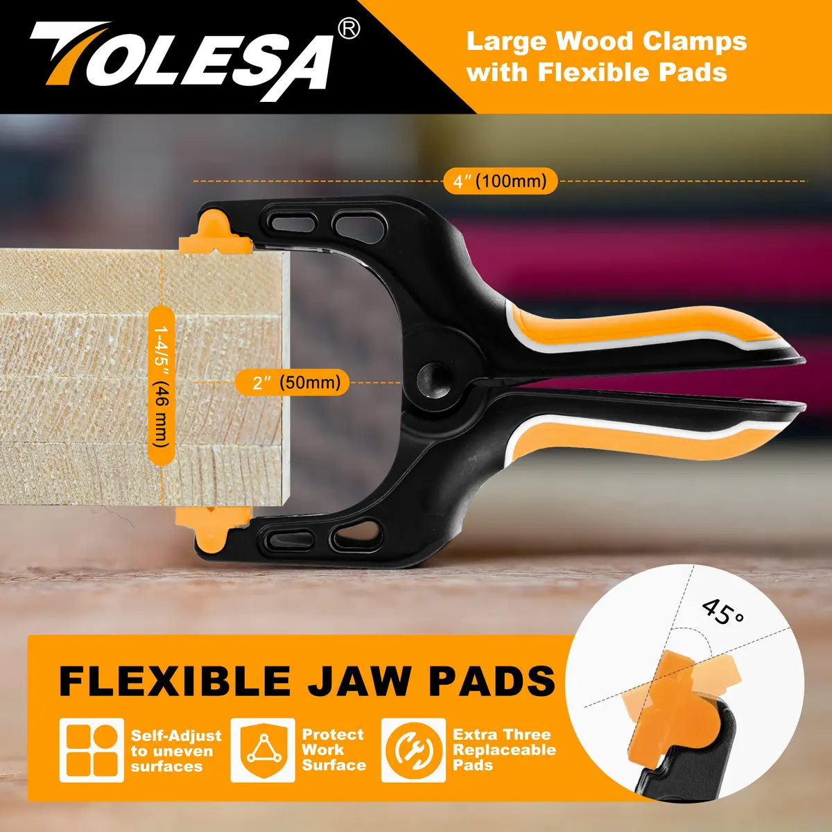 TOLESA Heavy Duty Spring Clamps, 4 Inch 8-Pack, Deep Throat for Woodworking - view 3