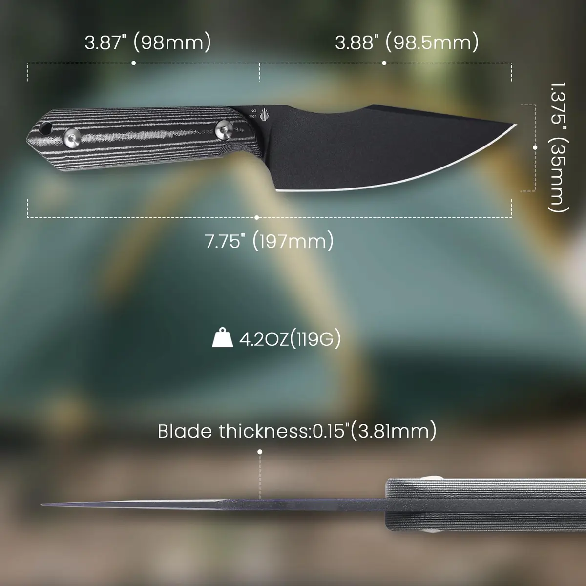 Kizer Harpoon Fixed Blade Knife, D2 Steel, Black Micarta Handle, 7.75in Overall, Outdoor & Hunting Utility - view 6