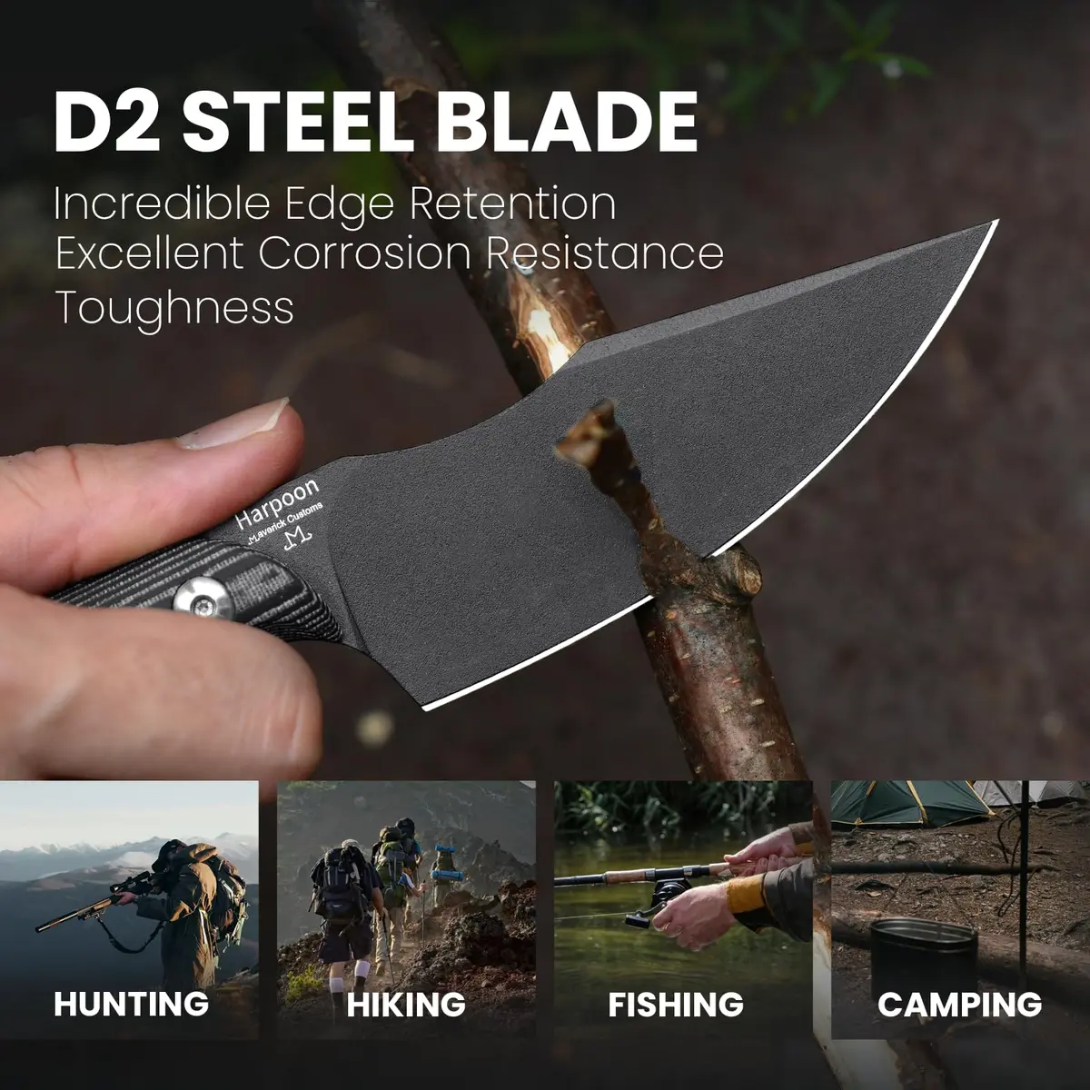 Kizer Harpoon Fixed Blade Knife, D2 Steel, Black Micarta Handle, 7.75in Overall, Outdoor & Hunting Utility - view 2