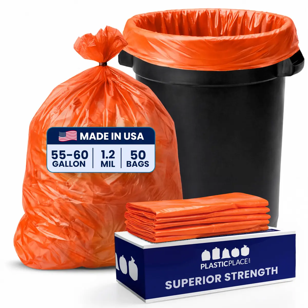 Plasticplace Heavy Duty Trash Bags 55-60 Gallon | 1.2 Mil Thick, Orange, 50 Count - main product image