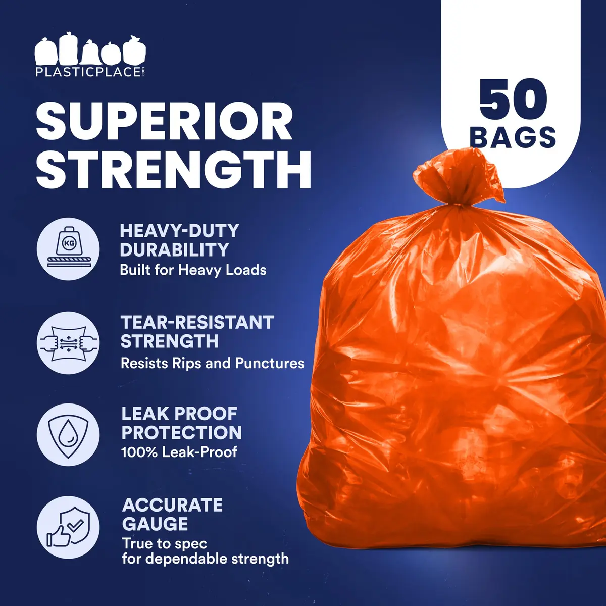 Plasticplace Heavy Duty Trash Bags 55-60 Gallon | 1.2 Mil Thick, Orange, 50 Count - view 5