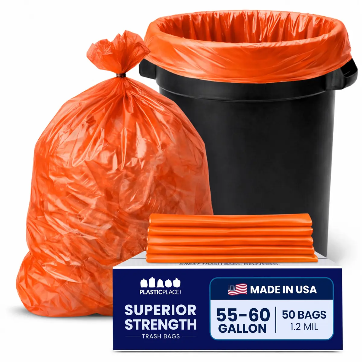 Plasticplace Heavy Duty Trash Bags 55-60 Gallon | 1.2 Mil Thick, Orange, 50 Count - view 2