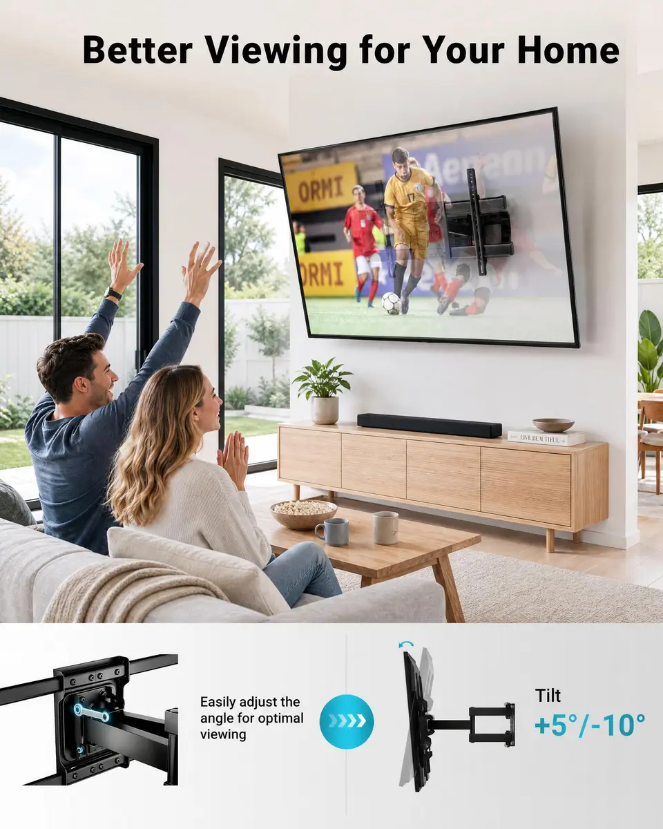 BONTEC Full Motion TV Wall Mount for 37-85 Inch TVs, Heavy Duty Swivel Tilt | Supports 132lbs, VESA 600x400mm, Fits 16" Wood Studs - view 5