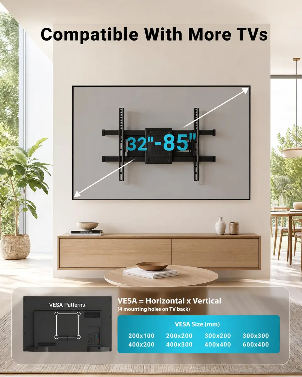 BONTEC Full Motion TV Wall Mount for 37-85 Inch TVs, Heavy Duty Swivel Tilt | Supports 132lbs, VESA 600x400mm, Fits 16" Wood Studs - view 2
